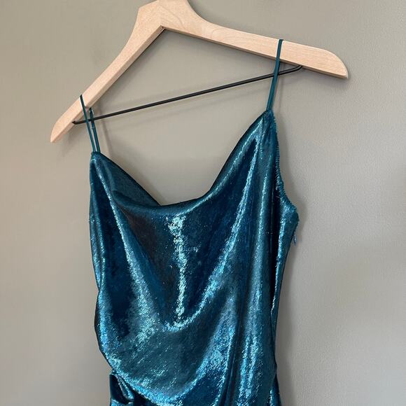 CINQ A SEPT Shiny Astrid Dress Teal Topaz Size 2 Metallic Bodycon Mini Sexy Chic - Picture 10 of 16